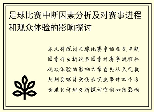 足球比赛中断因素分析及对赛事进程和观众体验的影响探讨