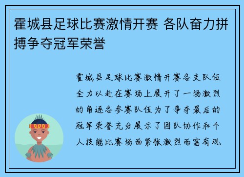 霍城县足球比赛激情开赛 各队奋力拼搏争夺冠军荣誉